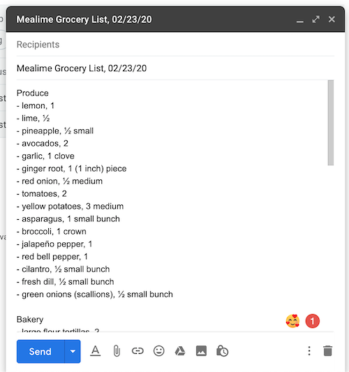 Mealime grocery list export in draft email