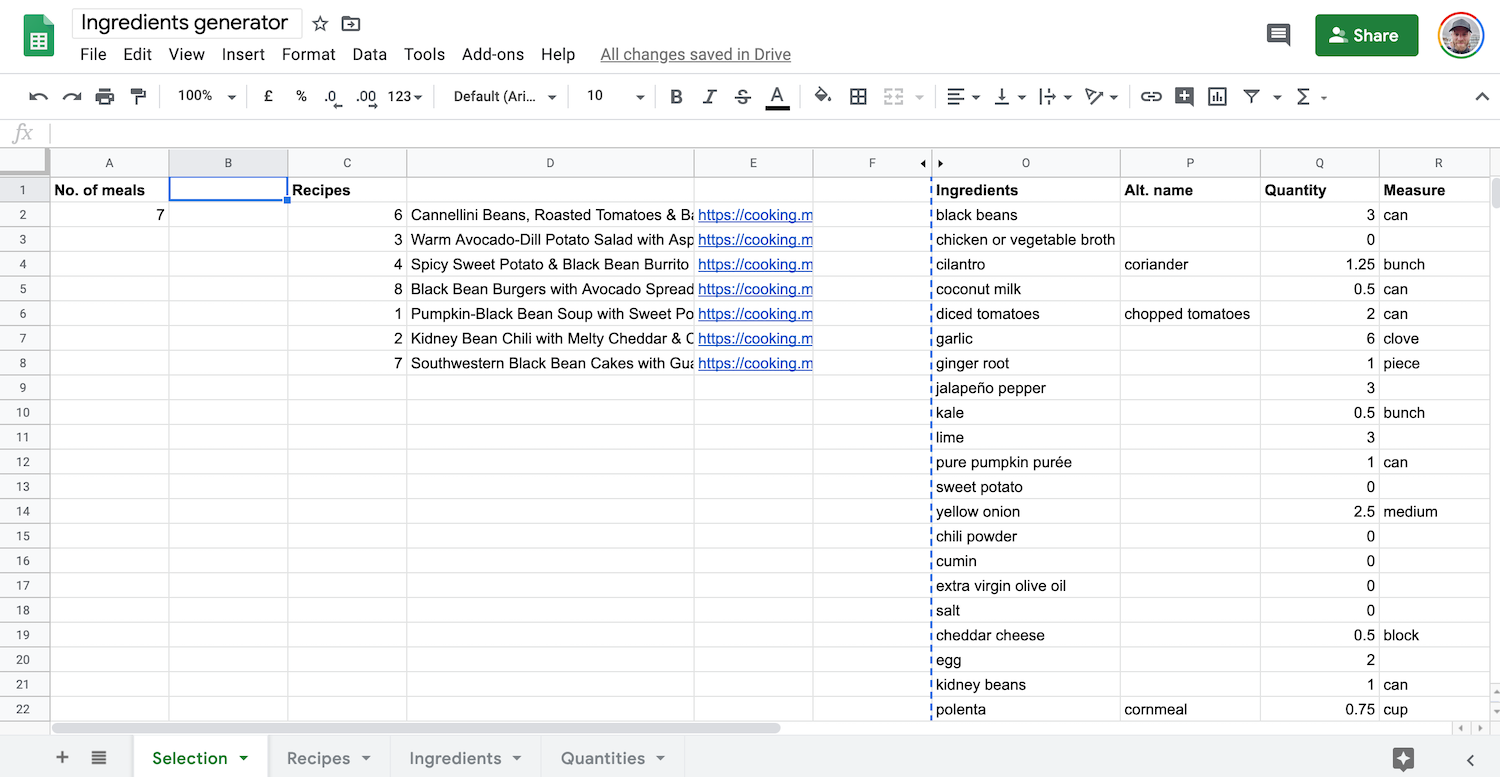 Modelling recipes across three sheets: Recipes, Ingredients and Quantities