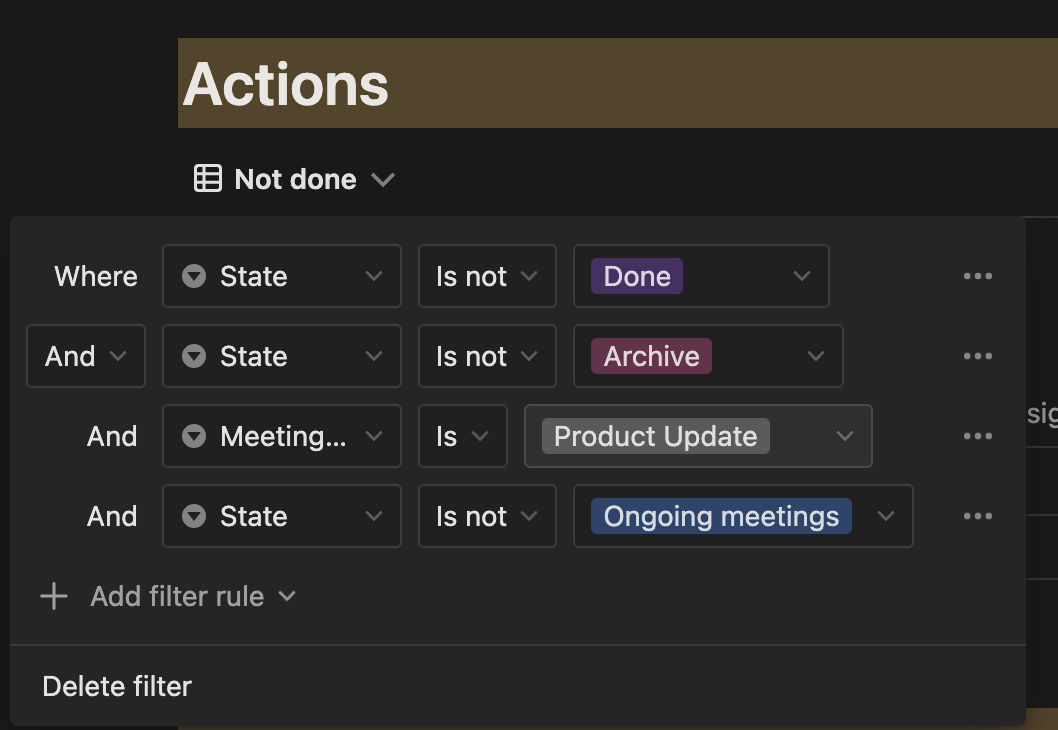 Filtering the database view to see only actions relevant to the ongoing meeting
